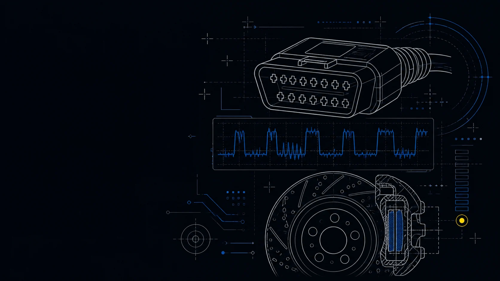 Decorative technical illustration of a diagnostic connector, waveform, and brake rotor
